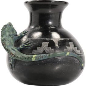 Vintage Black Pottery Vase with a Green Iguana Figure Attached to its Side, marked Mexico