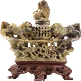 Antique Hand Carved Soap Stone Figurine Statue Fu Foo Dog Lion Incense Burner 8.5 in. height x 8 in.