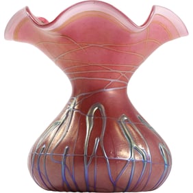 Pink Studio Art Glass Hand Blown Glass Vase, Signed, Veins and Threading 5.5 in. height x 6.5 in. w.