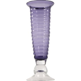 Vintage Art Glass Purple Amythest  Art Deco Horizontal Ribbed Vase, Clear Pedestal Base 13 in.
