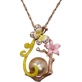 .925 Sterling Silver Rose Gold Tone Freshwater Cultured Pearl in an Enameled Flower Setting