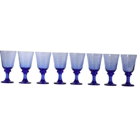 Set 8 Vintage Libbey Cobalt Blue Ringed Ribbed Stemmed Water Goblets 7.5 in. height