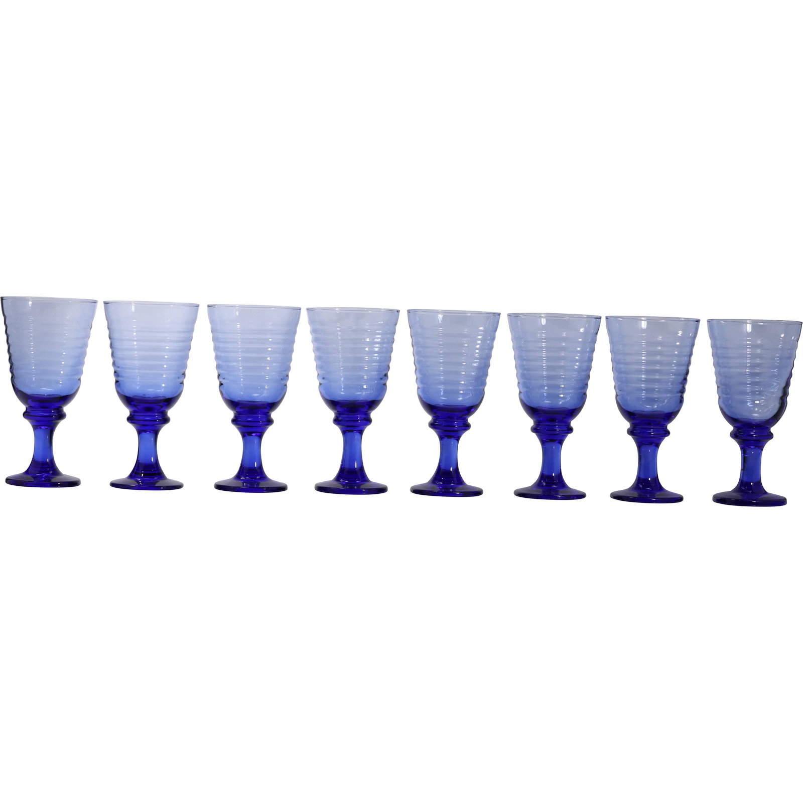 Set 8 Vintage Libbey Cobalt Blue Ringed Ribbed Stemmed Water Goblets 7.5 in. height: Set 8 Vintage Libbey Cobalt Blue Ringed Ribbed Stemmed Water Goblets 7.5 in. height. size: 7.5h x 4.5w