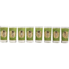 Set of 8 Vintage MCM Green And Gold Starburst Highball Glasses [one has a chip]