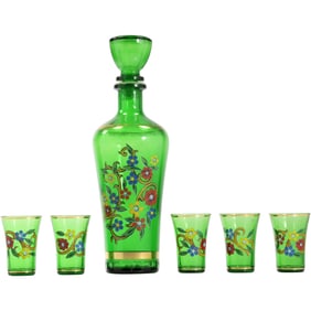 Bohemian Czech Cordial Decanter and 5 Shot Glasses Green Glass Flowers Decoration