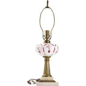 Bohemian White Glass Font Cut to Cranberry Table Lamp, Brass Column, Marble Base