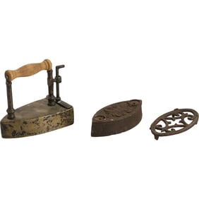 3 pieces 19th C. Small Sad Irons, One is Brass, other is Iron and Iron Trivet