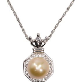 .925 Sterling Silver Freshwater Cultured Pearl and White Topaz Pendant Necklace on a .925