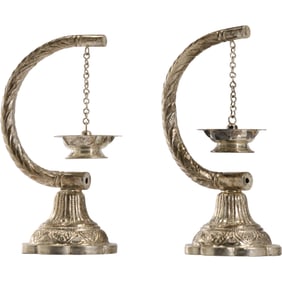 Pair Sterling Silver Oil Lamps on Stands, 9.4 troy ounces, 8.25 in. height