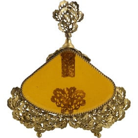 Vintage 1940s Ornate Gold Tone Metal and Amber Glass Large Dresser Top Perfume Bottle