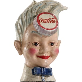 Coca Cola Heavy Cast Iron Sprite Boy Soda Head Figural Coin Bank in Original Paint Finish