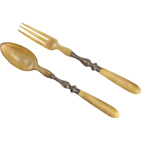 Antique Horn Bone Silver Metal Vintage Fork / Spoon Mid - late 19th century France with Case