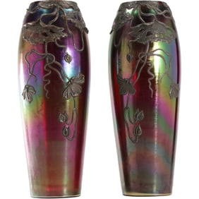 Pair Stunning Loetz Art Nouveau Tall Purple Iridescent Art Glass Vases Floral Motif 14 in. height