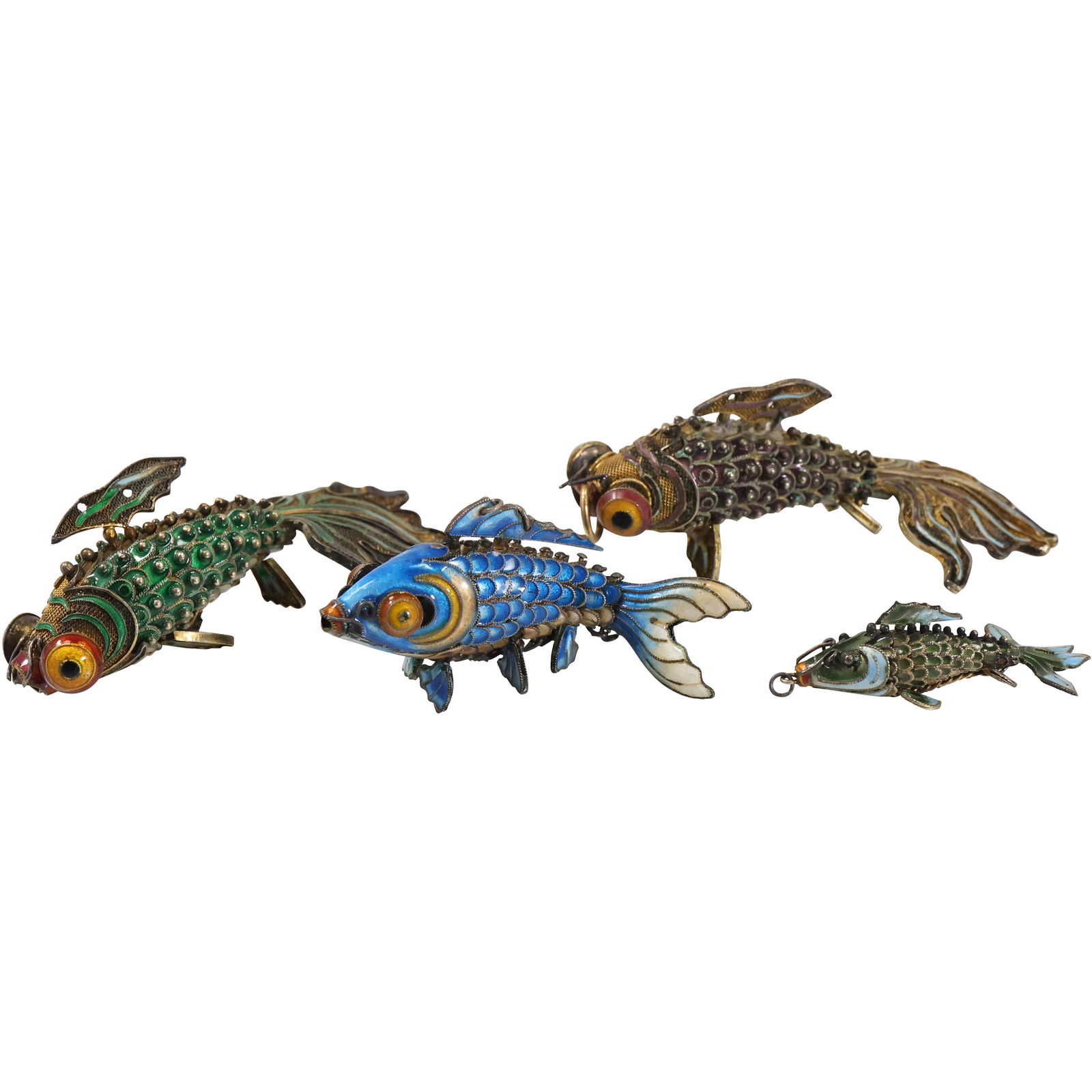4 Assorted Sterling Silver and Enameled 81 grams  FISH Ornaments with Mechanical Moveable Bodies (1 of 20)