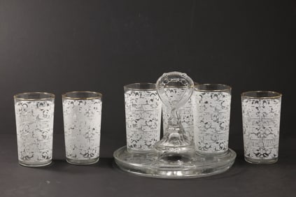 Set 6 Vintage Anchor Hocking Chantilly White 22K Gold Rim Glasses with Glass Holder Caddy