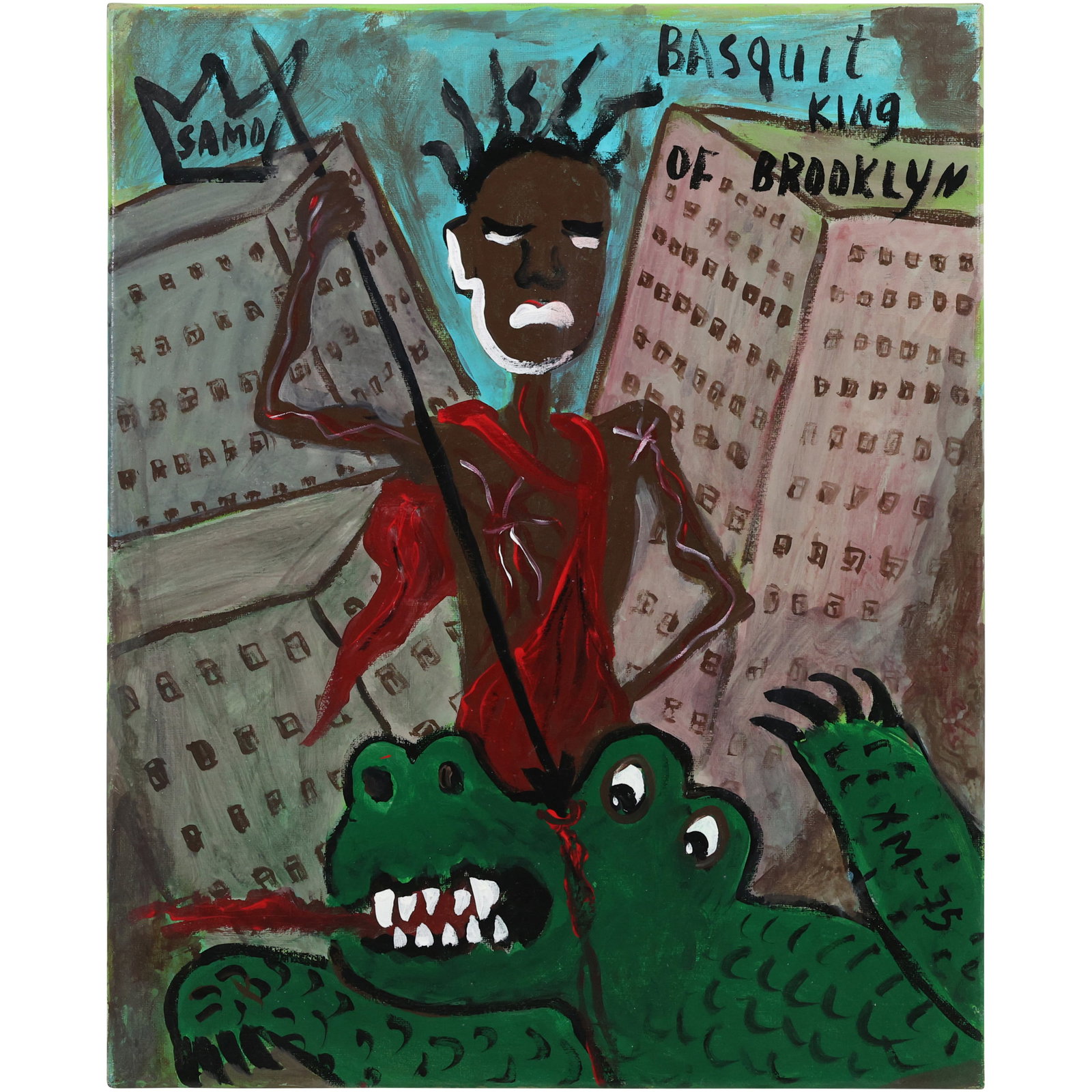 SAMO / Jean Michel Basquiat, attributed to, "BASQUIAT KING OF BROOKLYN" Oil Painting on Canvas. S: SAMO / Jean Michel Basquiat, attributed to, "BASQUIAT KING OF BROOKLYN" Oil Painting on Canvas. size: 20h x 16w ; Wikipedia: SAMO is a graffiti tag originally used on the streets of New York City from