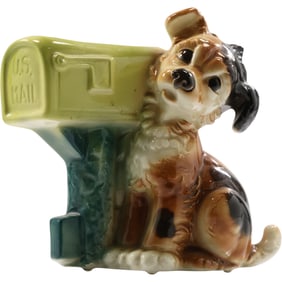Vintage Royal Copley Ceramic Puppy Waiting for the Mailman Planter.  7 in. x 10 in.