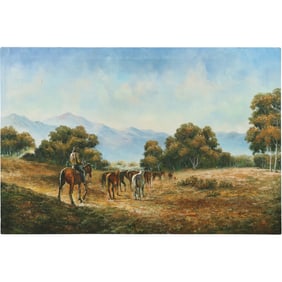 Signed Stephano, Western American Cowboy with Herd of Horses Oil on Canvas Painting