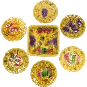 Sarreguemines Majolica French Pottery Square Serving Bowl with 6 Majolica Fruit Plates