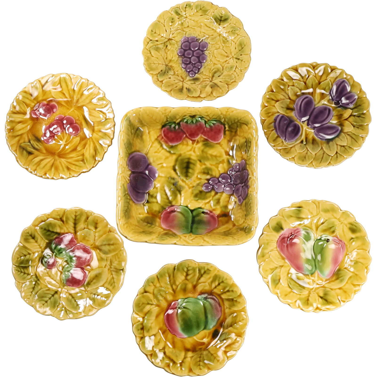 Sarreguemines Majolica French Pottery Square Serving Bowl with 6 Majolica Fruit Plates (1 of 17)