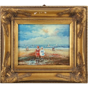 Signed Sergio Cremona, 20th C. Oil on Board Painting 2 Figures with Dog Walking the Beach Shore