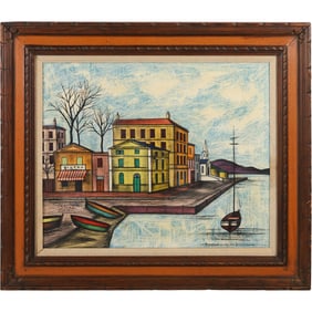 Signed Savigne, Mid-Century Modern Bistro at the Port Oil on Canvas Painting, Framed