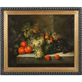 Fabulous Quality 18th C. Still Life Fruit and Grapes Oil on Canvas Painting, Signed Illegible