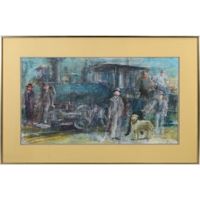 Ted Jaslow,  Acrylic Painting Group of Men and a Dog Standing in Front of a Steam Locomotive