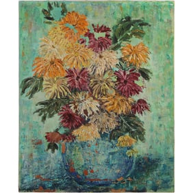 "Still Life with Chrysanthemums" after Vincent van Gogh, Oil on Canvas Painting, Some Paint Loss