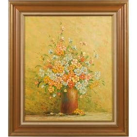 Vintage Oil Painting on Canvas With Signature G.G. Flowers in Vase Still Life, Framed