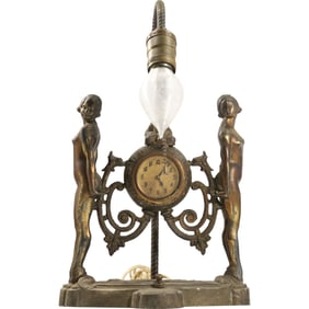 Circa 1920s/30s ART DECO Nude Women on Sides Figural Boudoir Clock Lamp, USA, 15 in. height