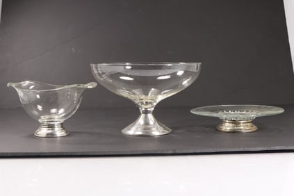 3 Assorted Sterling Silver Bases Crystal Glass Bowls and Cake Stand