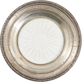 Sterling Silver Wide Rimmed Glass Bottom Wine  / Champagne Bottle Coaster 7 in. dia.