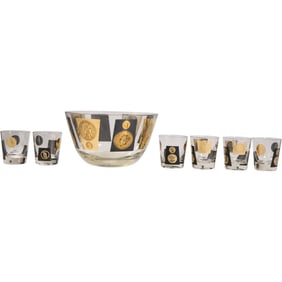 Set 6 Cera Mid Century Modern Black and US Gold Coin Cocktail Glasses & Large Bowl 10.5 in. dia.