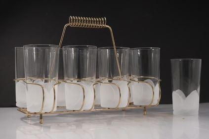 Set 9 Cristal JG Durand Florence Frosted Highball Cocktail Tumblers Glasses with Holder for 8