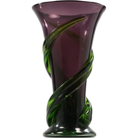 Amethyst Handblown Art Glass Vase with Applied Green Wrapped Vines 9.5 in. height x 6.5 in. wide