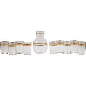 Vintage Art Deco Glass Cocktail Drinks Set 9 Tmblers and Decanter with Gold Rings Decoration