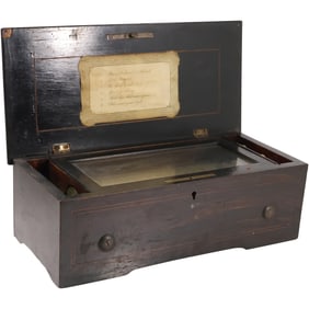 Victorian Swiss 6-Tune Music Box, Inlaid Wood Case, needs a few needles repaired, 15 in. length