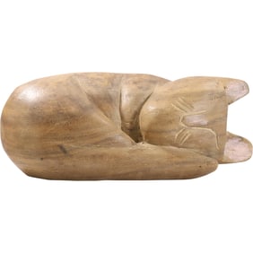 Sleeping Cat Carved Wood Figural Sculpture 5.5 in. height x 13 in. length