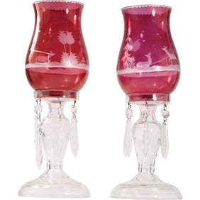 Pair Cranberry Flash Glass Shade Hurricane Lamps, Etched Deer in Landscape, Crystal Bases