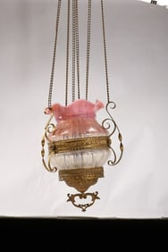 VICTORIAN OPALESCENT PINK to OPAQUE ART GLASS SHADE HANGING HALL LAMP PULL DOWN