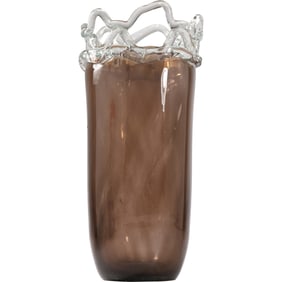 LARGE VINTAGE PURPLE ART GLASS STATEMENT VASE W/ LATTICE WOVEN TOP 16 in. height