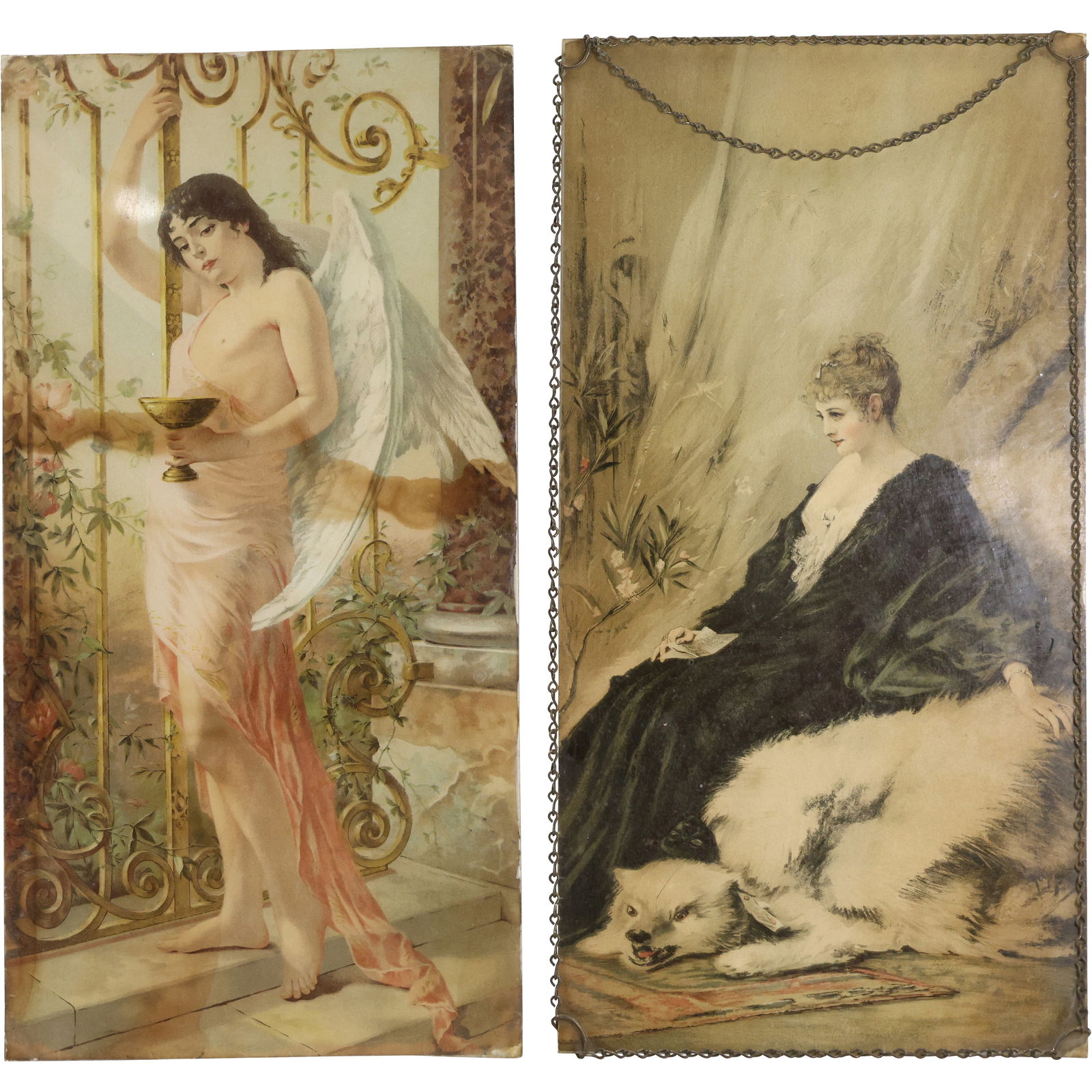 2 Chromolithographs Victorian Maidens Glass Flue Covers 16 in. x 9 in. (1 of 14)