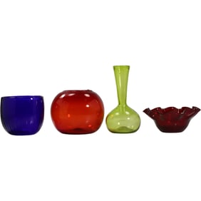 4 Assorted Blenko Mid-Century Modern Colored Glass Bowls and Vases - See Pictures