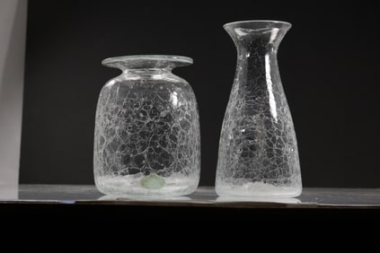 2 Mid-Century Modern Oignon Craquele Clear Glass Vases 10.5 in. height