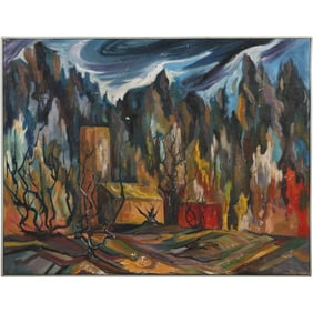 Modernism Oil Painting on Board Buildings at the Mountainous Background 37 in. x 29 in.
