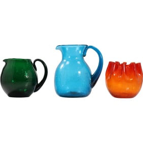 3 Assorted Mid-Century Modern Colored Glass Pitchers and Ruffled Rim Rose Bowl - See Pictures