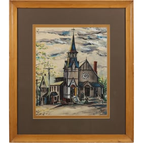 Signed M Albert, Vintage 1940s Watercolor of a Church, Signed and Framed