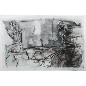 Quality French School Mixed Media Abstract with Hand on Paper Mounted on Canvas 36 in. x 24 in.