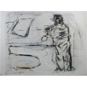 Quality French School Mixed Media Abstract with Figure on Paper Mounted on Canvas 36 in. x 48 in.